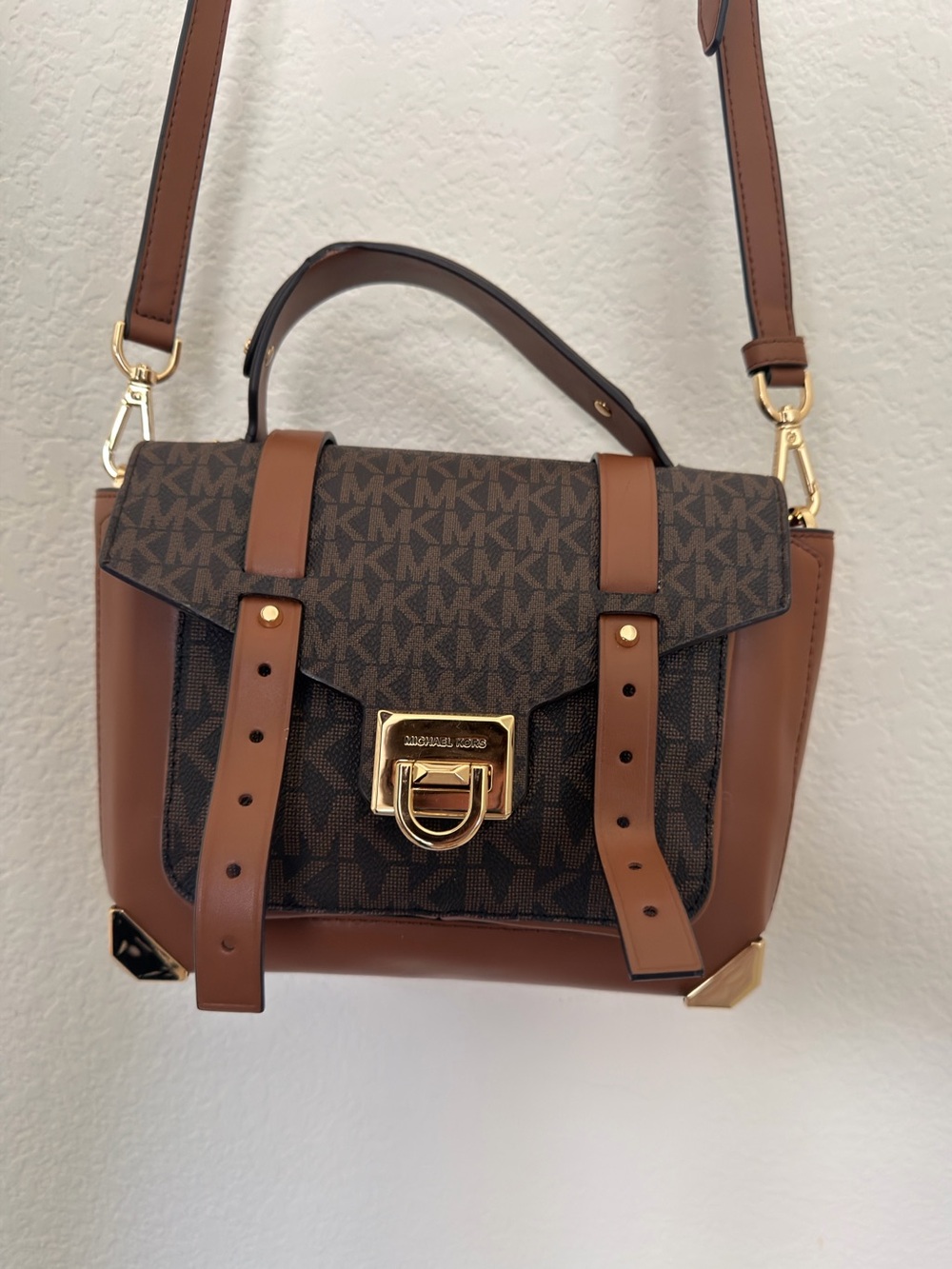 Michael Kors Brown MK Logo Satchel with Gold Hardware